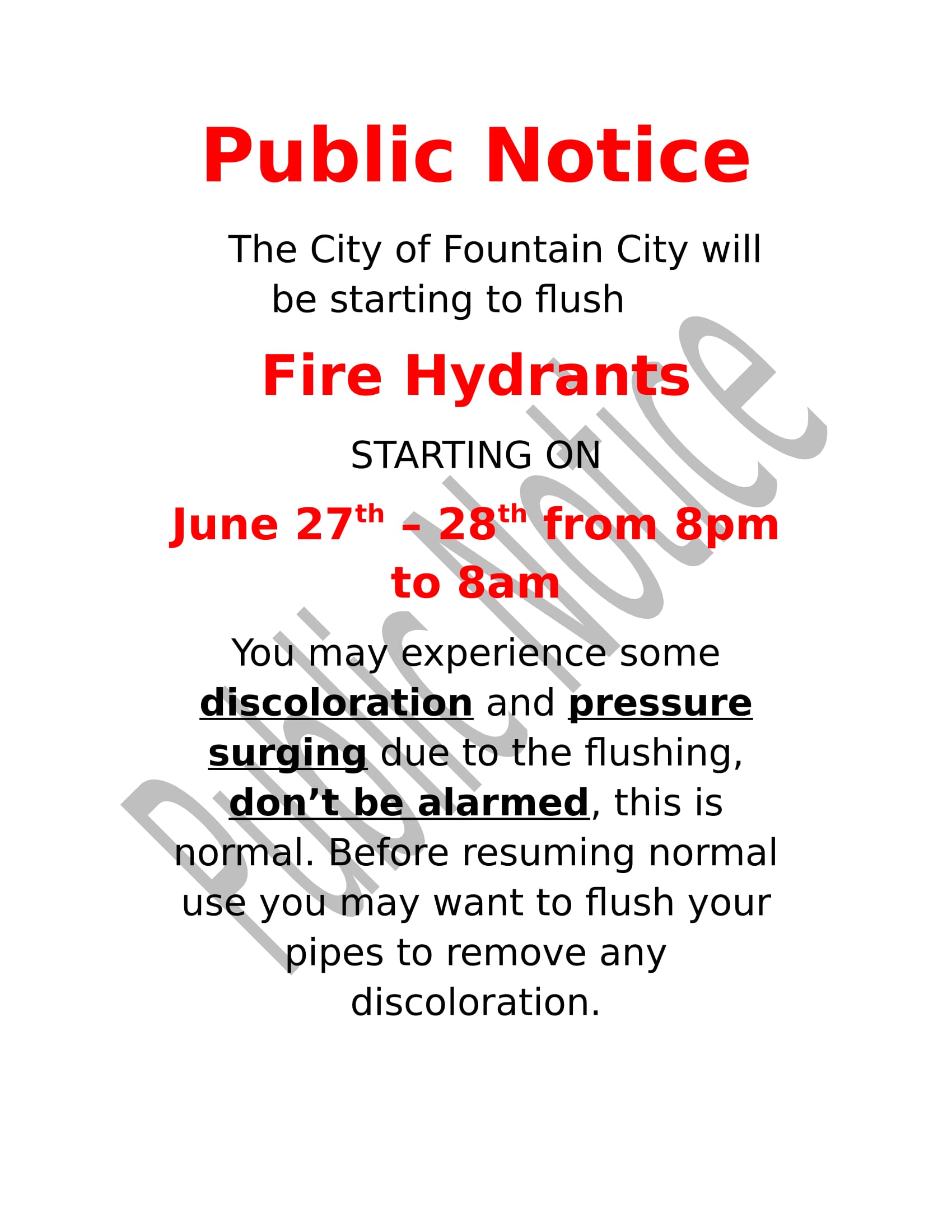 Public Notice Fire Hydrant Flushing